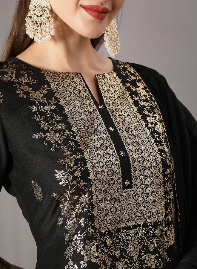 globus Women Black Ethnic Print Straight Kurta with Pant and Dupatta Set - Image 3